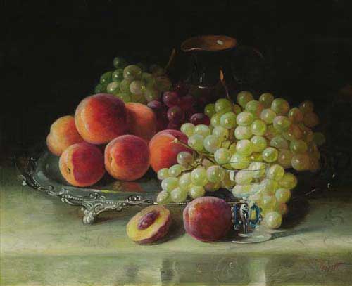 Painting Code#3602-Frederick M. Fenetti: Still Life with Peaches &amp; Grapes