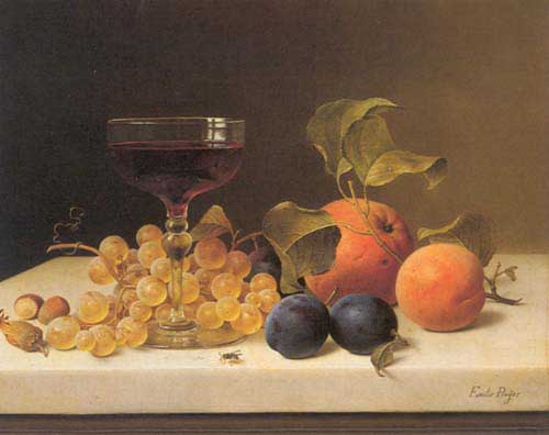 Painting Code#3605-Preyer, Emilie(Germany): Still Life Wine Glass and Grapes Peach and Plum