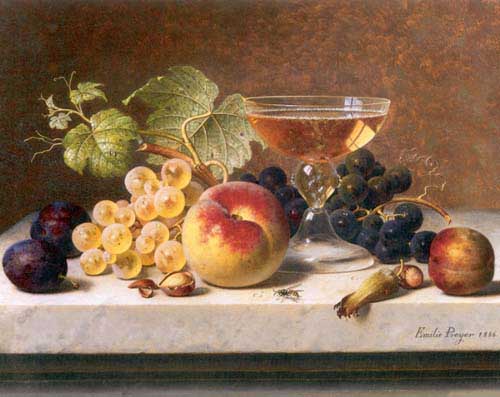Painting Code#3606-Preyer, Emilie(Germany): Still Life with Grapes Plums Apples Net and Glass