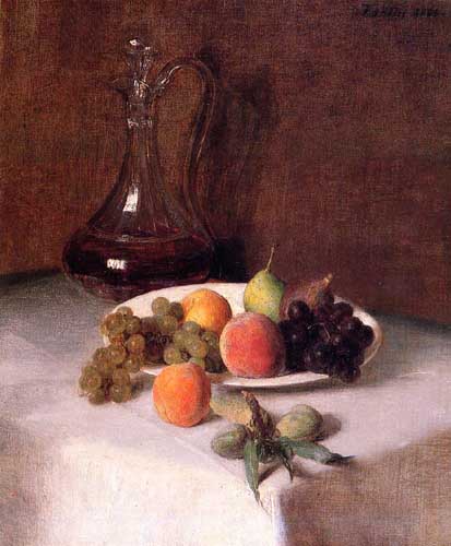 Painting Code#3610-Henri Fantin Latour: A Carafe of Wine and Plate of Fruit on a White Tablecloth