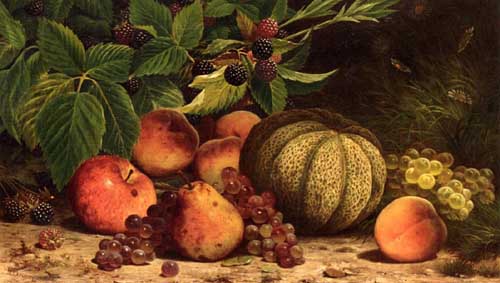 Painting Code#3623-William Mason Brown - Still Life with Melon, Grapes, Peaches, Pears and Black Raspberries