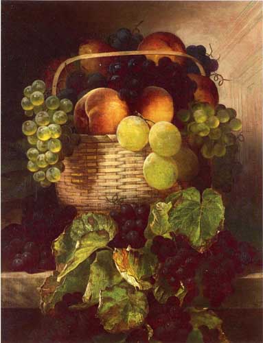 Painting Code#3624-William Mason Brown - Still Life with Grapes. Plums and Peaches in a Basket