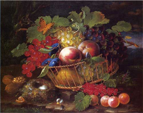Painting Code#3630-George Foster - Still Life with Fruit, Butterflies and Bird&#039;s Nest