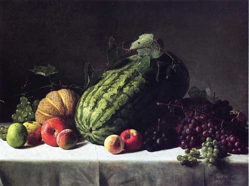 Painting Code#3652-George Hetzel - Still Life with Watermelon, Cantaloupe and Grapes