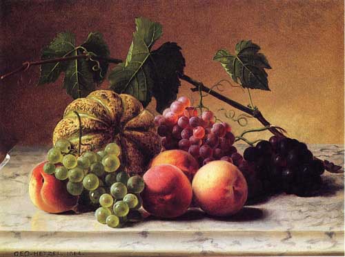 Painting Code#3655-George Hetzel - Still Life with Cantaloupe, Grapes and Peaches