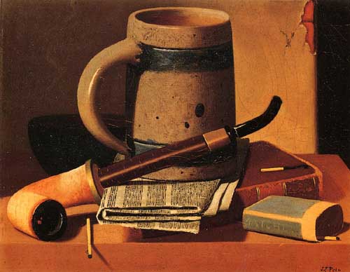 Painting Code#3656-John Frederick Peto - Still Life with Pipe, Beer Stein, Newspaper, Book and Matches