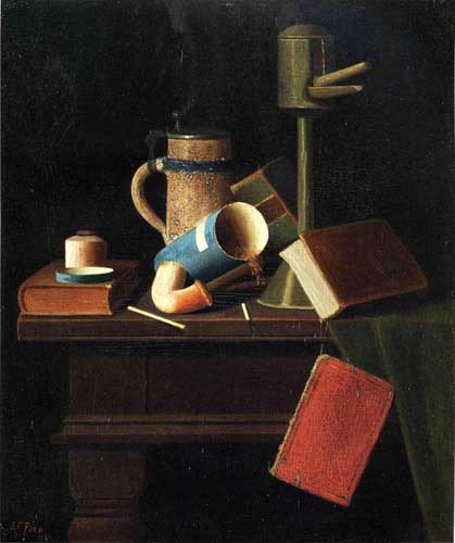 Painting Code#3657-John Frederick Peto - Still Life with Mug, Pipe and Books