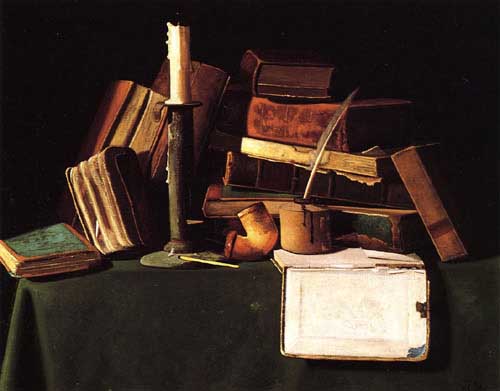 Painting Code#3658-John Frederick Peto - Still Life with Candle, Pipe and Books