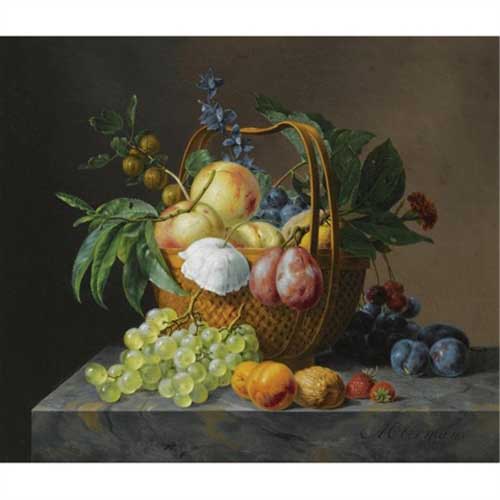 Painting Code#3672-Anthony Oberman - A Still Life with Fruit and Flowers in a Basket