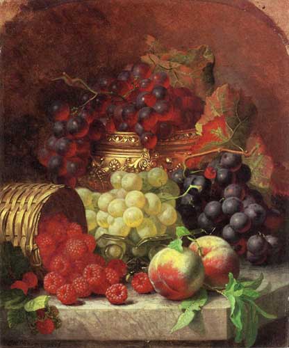 Painting Code#3673-Stannard, Eloise Harriet - Black Grapes in a Gilt Bowl, Black and White Grapes in a Crystal Bowl