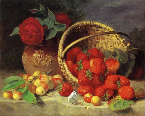 Painting Code#3674-Stannard, Eloise Harriet - A Basket of Strawberries, Cherries, a Butterfly
