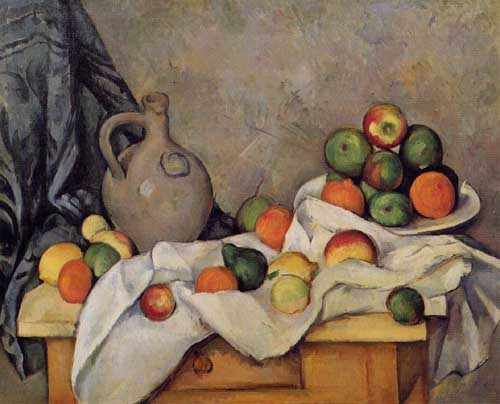 Painting Code#3711-Cezanne, Paul - Curtain, Jug and Fruit