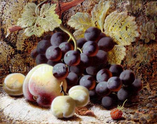 Painting Code#3725-Oliver Clare - Still Life of Plums, Grapes, Peach and Raspberry