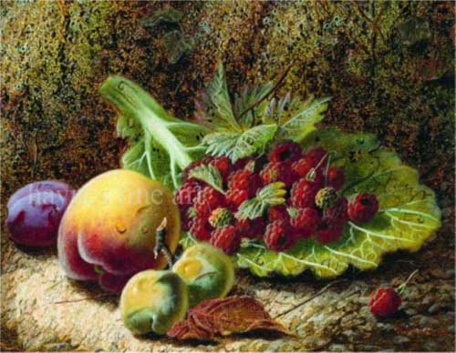 Painting Code#3726-Oliver Clare - Still Life of Raspberries and Peach