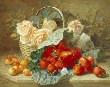 Painting Code#3740-Stannard, Eloise Harriet - Still Life of Summer Fruit and Peach Roses