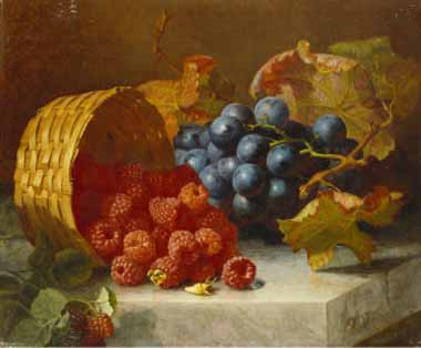 Painting Code#3742-Stannard, Eloise Harriet - Still Life with Raspberries and a Bunch of Grapes on a Marble Ledge