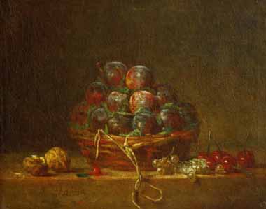 Painting Code#3744-Chardin, Jean-Baptiste-Simeon - A Basket with Plums, Nuts, Currants and Cherries