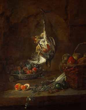 Painting Code#3746-Chardin, Jean-Baptiste-Simeon - Dead Partridge Hung by One Leg, Bowl with Prunes, and a Basket with Pears