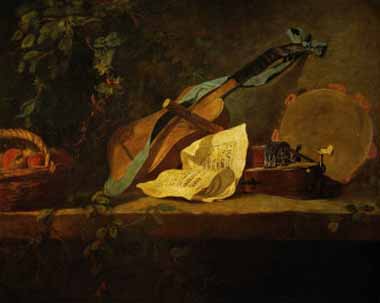 Painting Code#3750-Chardin, Jean-Baptiste-Simeon - Muscial Instruments and a Basket with Fruit