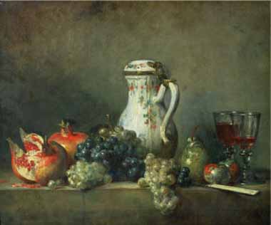 Painting Code#3755-Chardin, Jean-Baptiste-Simeon - Still Life with Grapes and Pomegranates