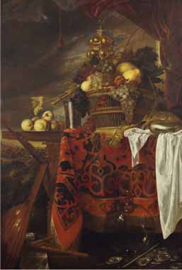 Painting Code#3758-Heem, Jan Davidz de(Holland) - A Basket of Mixed Fruit with Gilt Cup, Silver Chalice, Nautilus, Glass and Peaches on a Plate