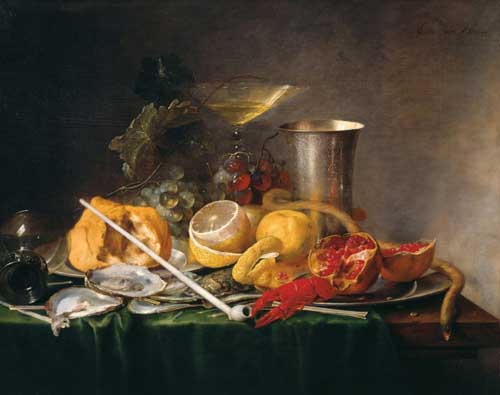 Painting Code#3764-Heem, Jan Davidz de(Holland) - Still Life, Breakfast with Glass of Champagne and Pipe
