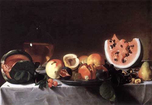 Painting Code#3773-Pensionate Del Saraceni - Still Life with Fruit and a Carafe of White Wine