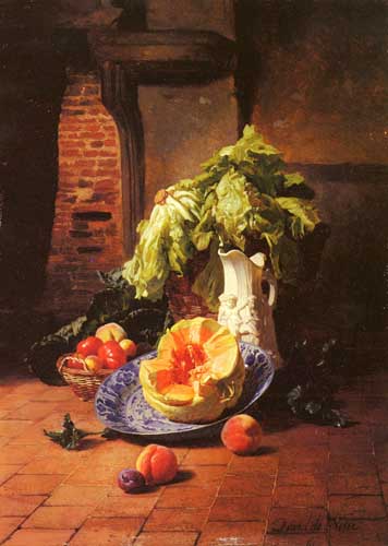 Painting Code#3784-David Emile Joseph de Noter - A Still Life With A White Porcelain Pitcher, Fruit And Vegetables