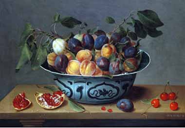 Painting Code#3786-Joseph Bail - Peaches and Plums in a Blue and White Chinese Bowl, with Other Fruit on a Table