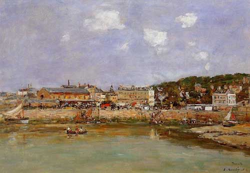 Painting Code#40090-Eugene-Louis Boudin: The Port of Trouville, the Market Place and the Ferry