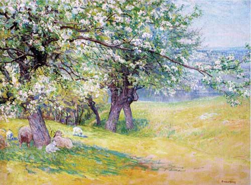 Painting Code#40171-John Joseph Enneking - Sheep under the Apple Blossoms