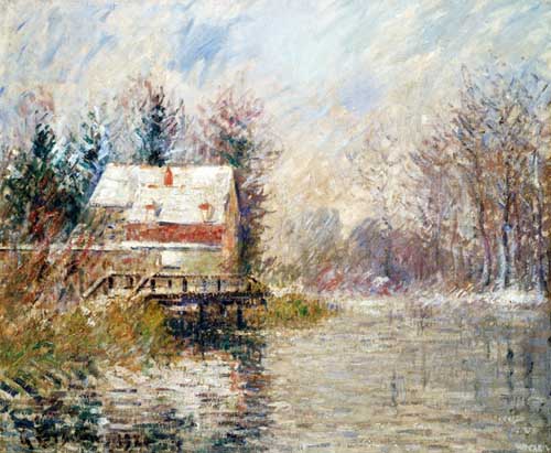 Painting Code#40278-Gustave Loiseau - House by the Water, Snow Effect