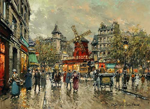 Painting Code#40359- Antoine Blanchard(France): le Moulin Rouge Place Blanche a Montmartre