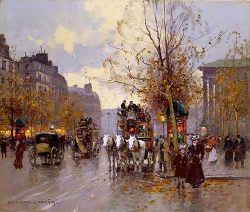 Painting Code#40367-Edouard Leon Cortes: Omnibus on the Place de la Madeleine