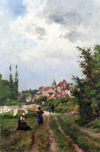 Painting Code#40390-Harpignies, Henri-Joseph(France): Washer Women On A Sandy Track With A Village Beyond