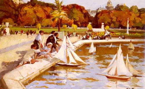 Painting Code#40392-Dupuy, Paul Michel(France): Children Sailing Their Boats in the Luxembourg Gardens, Paris