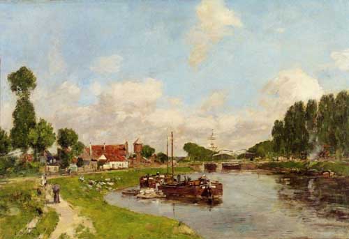 Painting Code#40404-Eugene-Louis Boudin - Saint-Velery-sur-Somme, Barges on the Canal