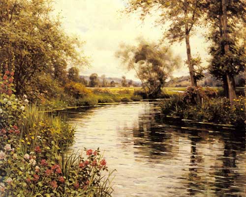 Painting Code#40423-Knight, Louis Aston(USA):  Flowers in Bloom by a River 
 