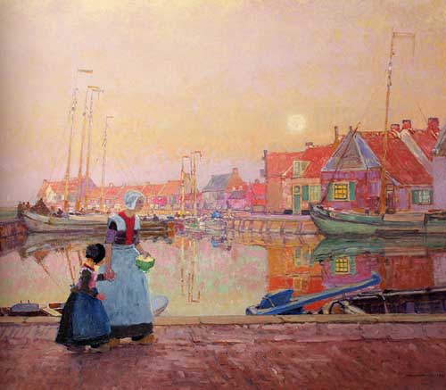Painting Code#40425-Herrmann, Hans(Germany): A Dutch Fishing-Village At Dusk With Figures On A Quay