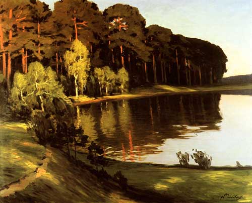 Painting Code#40431-Leistikow, Walter(Russia): Riverscene with Forest beyond