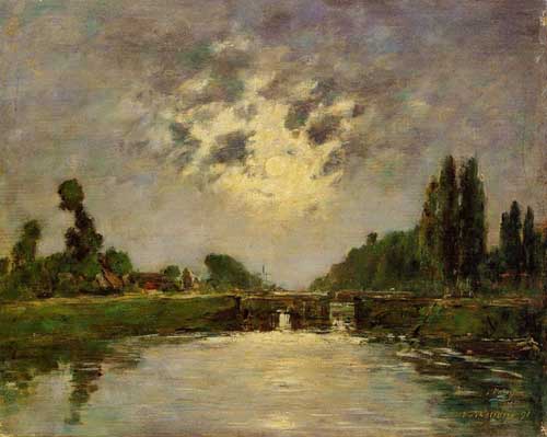 Painting Code#40445-Eugene-Louis Boudin - Saint-Valery-sur-Somme, the Bridge on the Lock