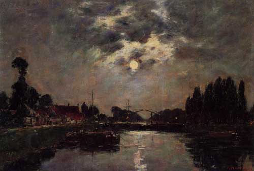 Painting Code#40447-Eugene-Louis Boudin - Saint-Valery-sur-Somme, Moonrise over the Canal