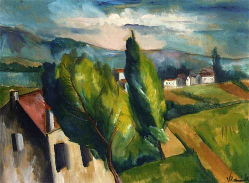 Painting Code#40498-Maurice de Vlaminck - View of a Village with Red Roofs