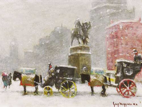 Painting Code#40596-Guy Carleton Wiggins - Winter Weather, Cabs at the Plaza