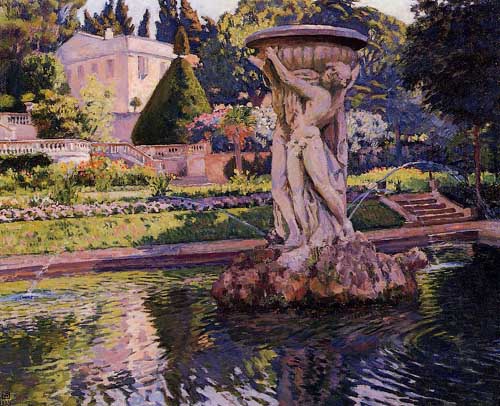 Painting Code#40640-Theo van Rysselberghe - Garden with Villa and Fountain
