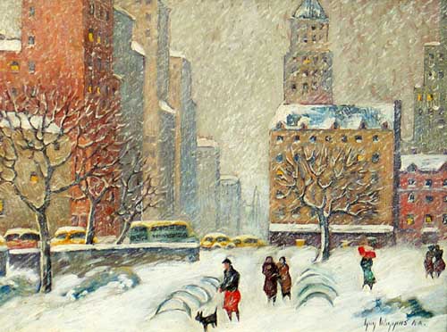 Painting Code#40714-GUY WIGGINS: In Central Park: Looking down Fifth Avenue 
to Bergdorf&#039;s 
