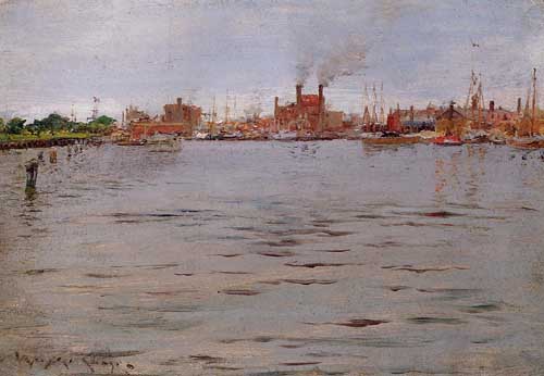 Painting Code#40853-Chase, William Merritt(USA): Harbor Scene, Brooklyn Docks

