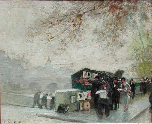 Painting Code#40907-Jules R. Herve(Frnace): Booksellers along the Seine
