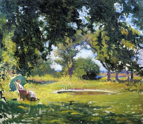 Painting Code#41078-Edmund Tarbell - Seated Woman by a Pond