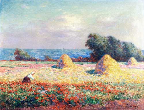 Painting Code#41087-Ferdinand du Puigaudeau - Stacks of Hay and Field of Poppies